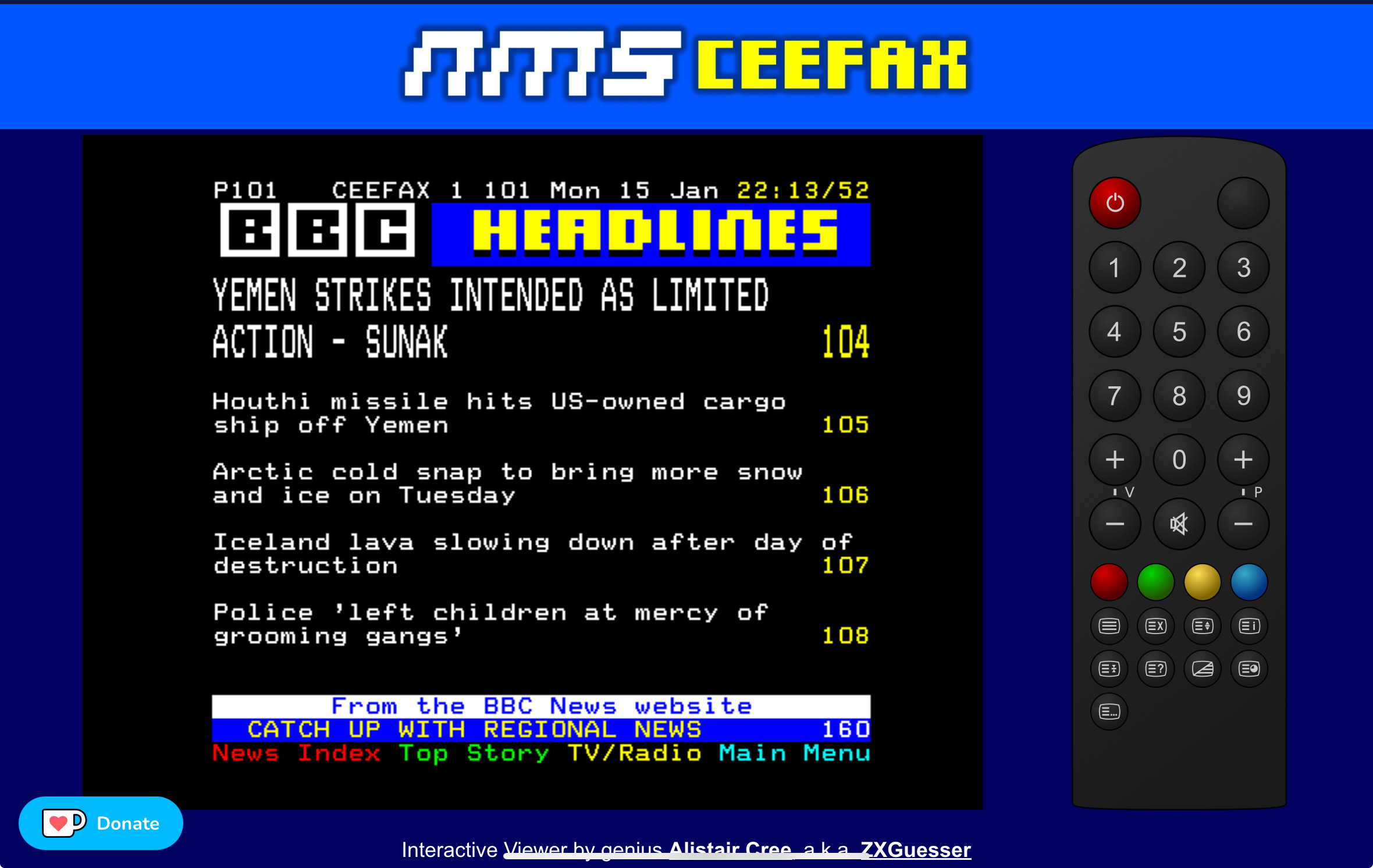 The latest news from the BBC web site, rendered on another web site in the style of Ceefax (an information service delivered on telly from ages back)