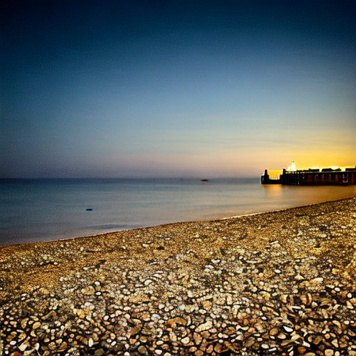 A machine generated image, given the prompt: “An early evening view of Brighton Beach, looking out over the pebbles with three bins on the right edge of the image, and a thin crescent moon in the sky.”  You see the night, the beach, the sea, but no bins or moon