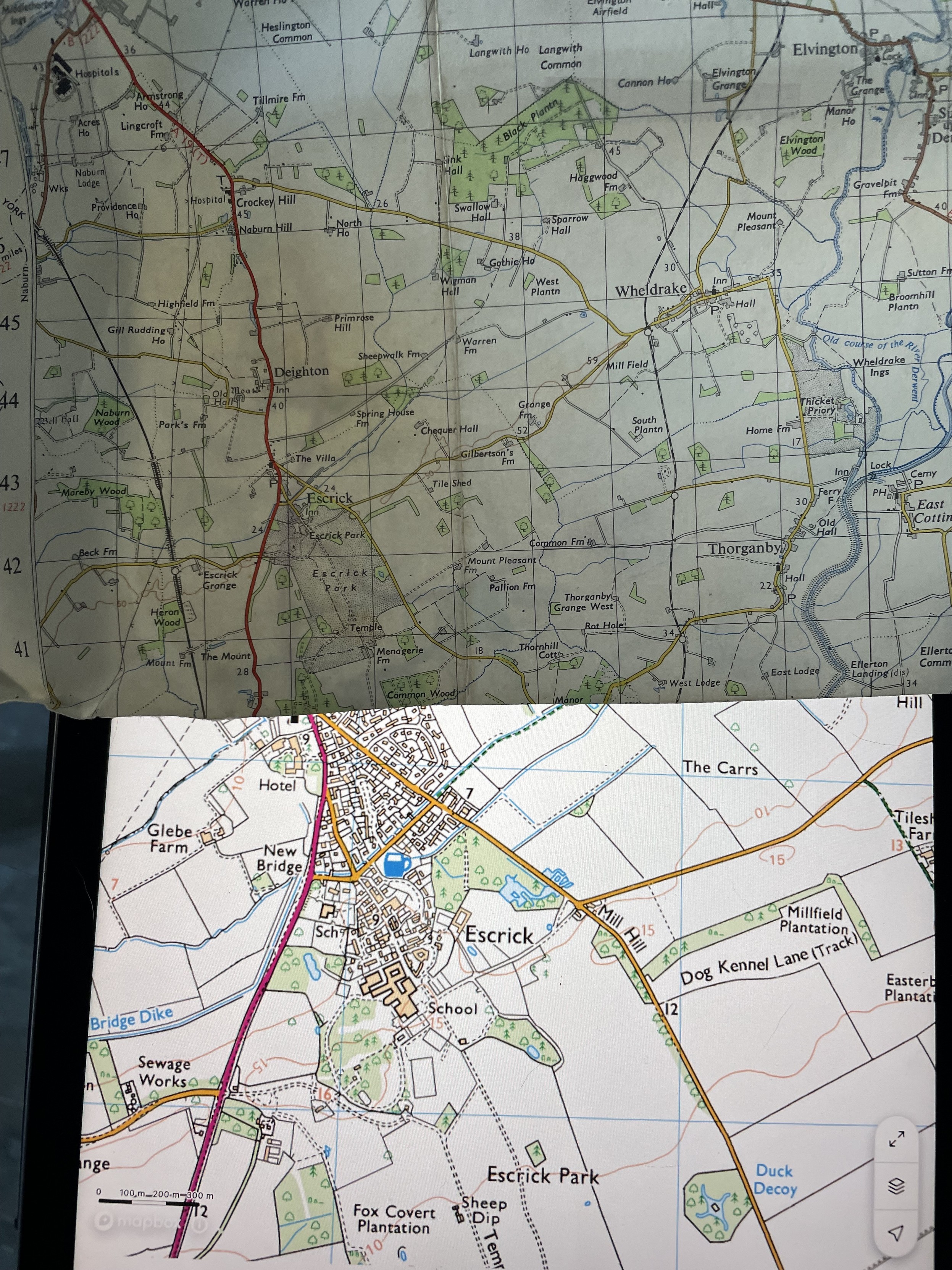 Top: paper map, showing a region south of York, probably sometime in the 1960s.
Bottom: latest digital view of the same region (showing a village expanding, differing fonts, colour changes on the map).