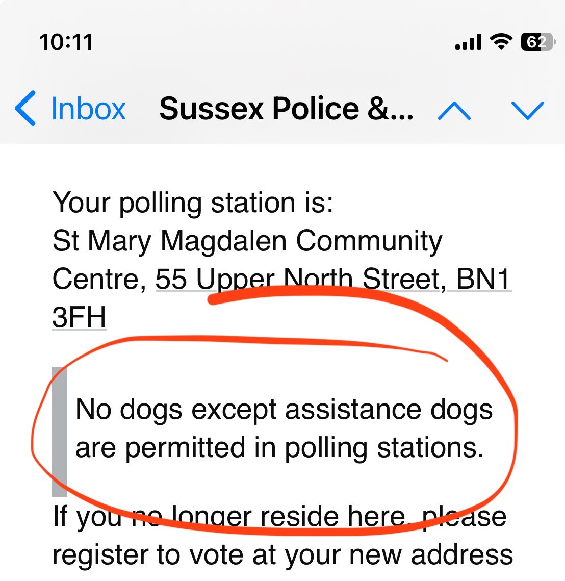 An email stating: “No dogs except assistance dogs are permitted in polling stations.”