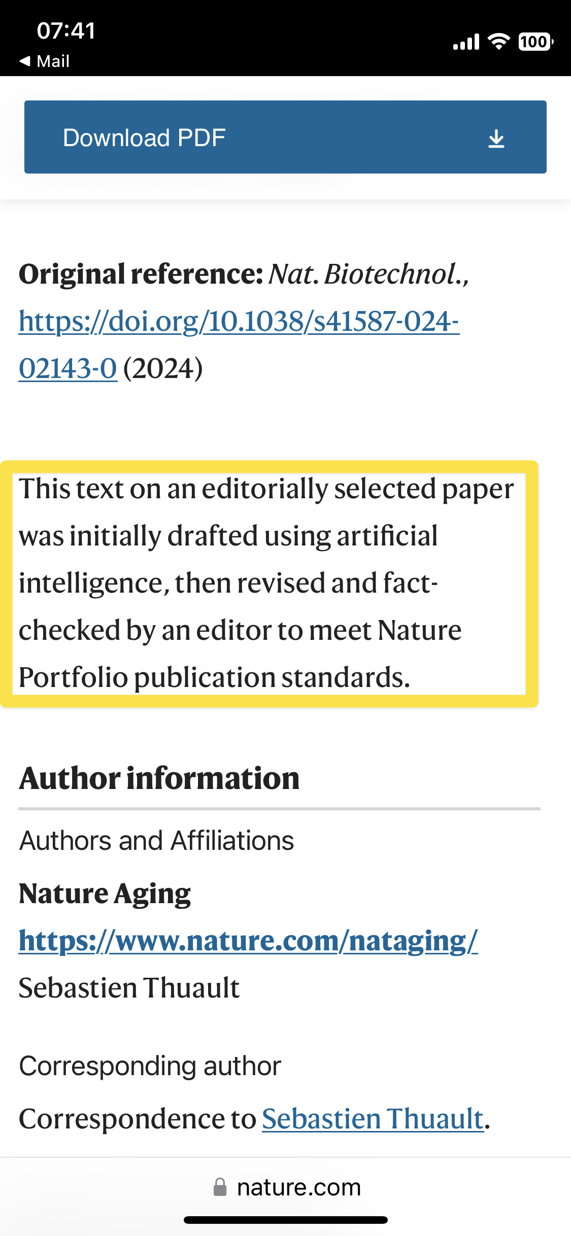 Highlighted text at the end of an article in Nature which reads: “This text on an editorially selected paper was initially drafted using artificial intelligence, then revised and factchecked by an editor to meet Nature Portfolio publication standards.”
